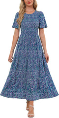 Maggeer Womens Smocked Floral Maxi Dress - Flowy Wedding Guest Dress