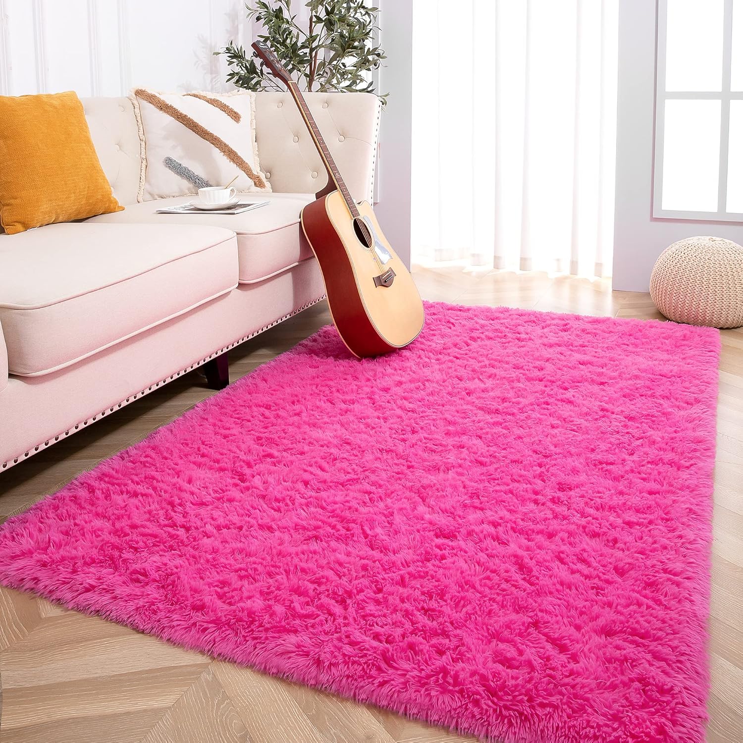 Fluffy Kids Room Plush Shaggy Nursery Rug 6x9 Feet Hot Pink