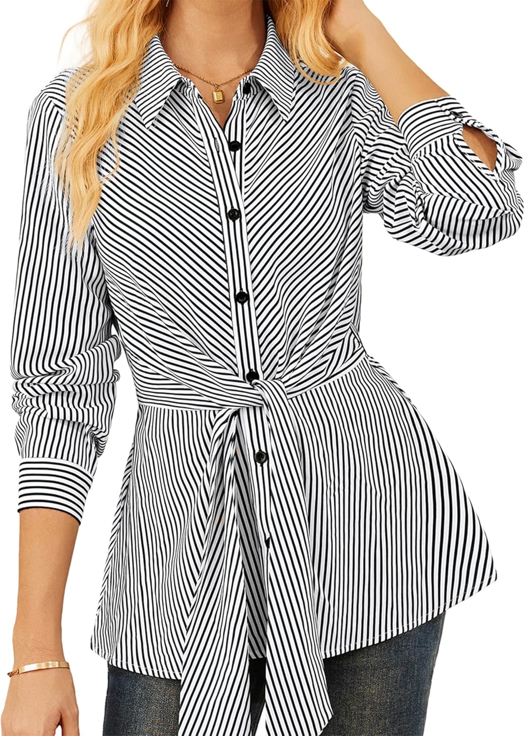 Peplum Tops for Women Tie Front Striped Button Down Shirt