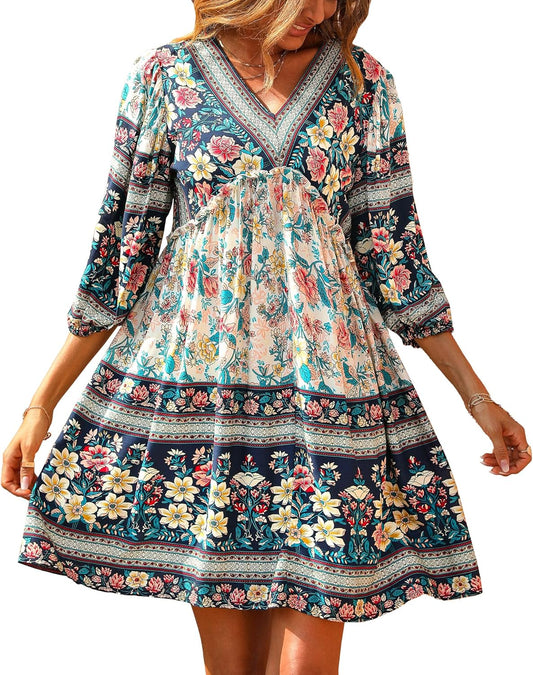 BTFBM Women Casual Spring Summer Dresses V Neck Ruffle Floral
