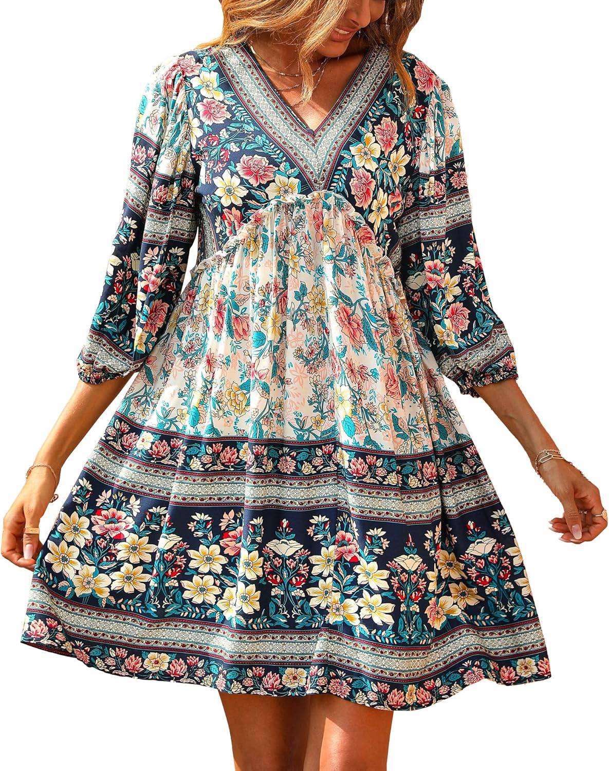 BTFBM Women Casual Spring Summer Dresses V Neck Ruffle Floral