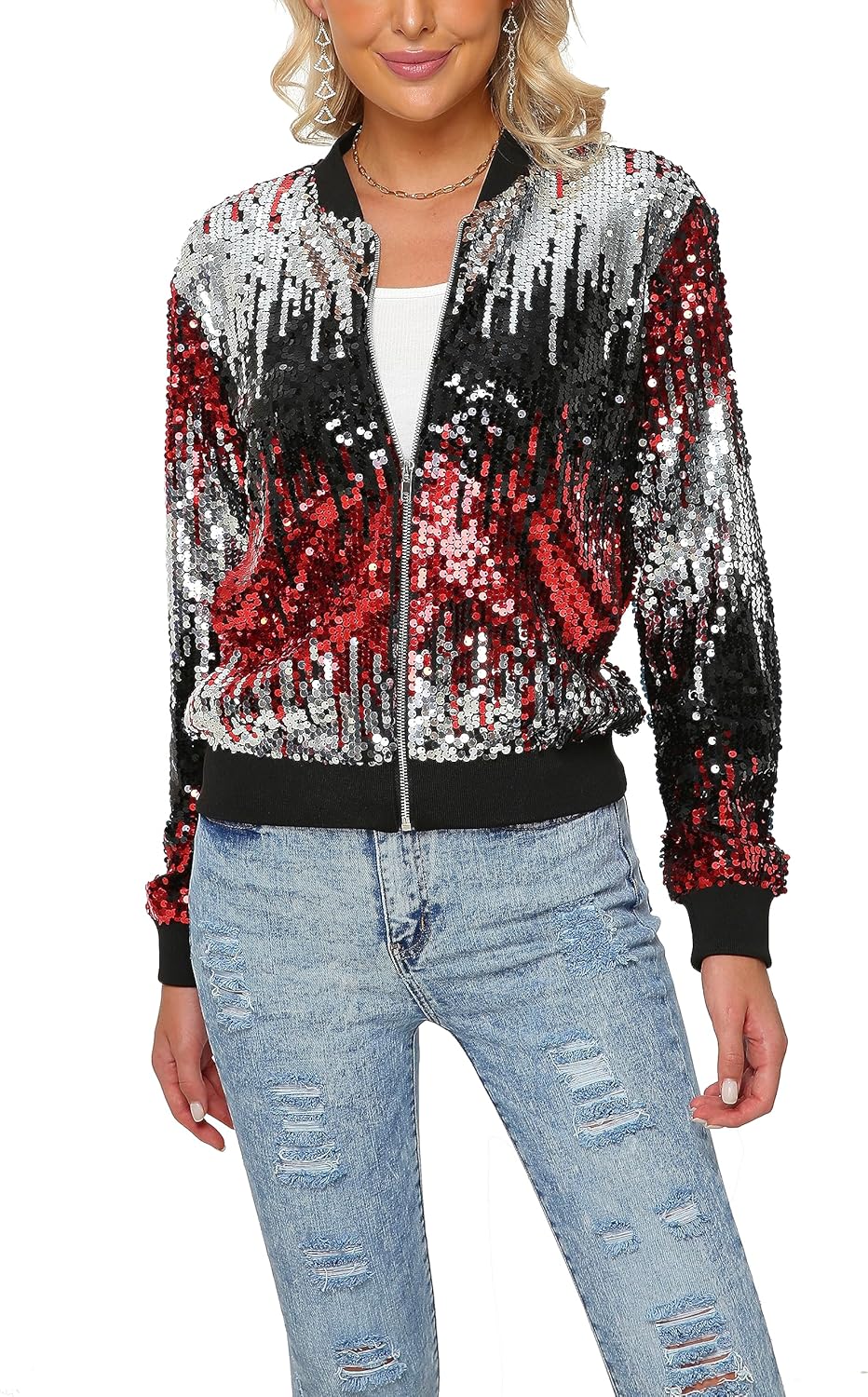 Womens Long Sleeve Sequin Open Front Zipper Jacket Review