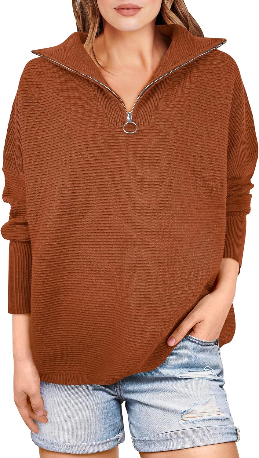 ANRABESS Women Quarter Zip Oversized Cozy Pullover Sweater