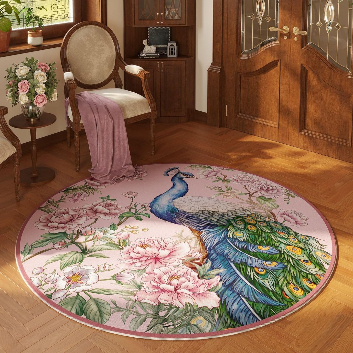 Round Rug 4ft Washable Non Slip Floral Peacock Design for Home