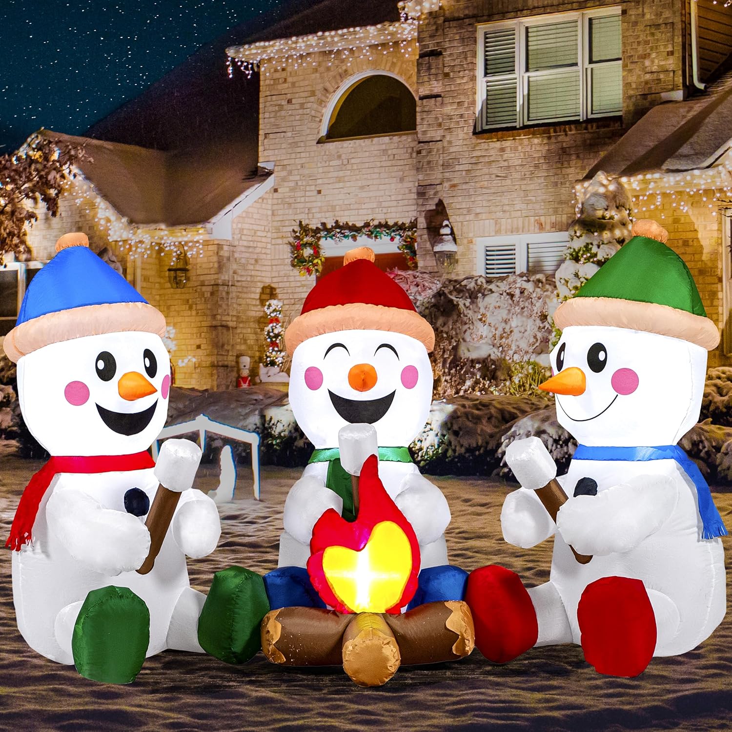 6 FT Long Christmas Inflatable Snowman with Campfire for Yard
