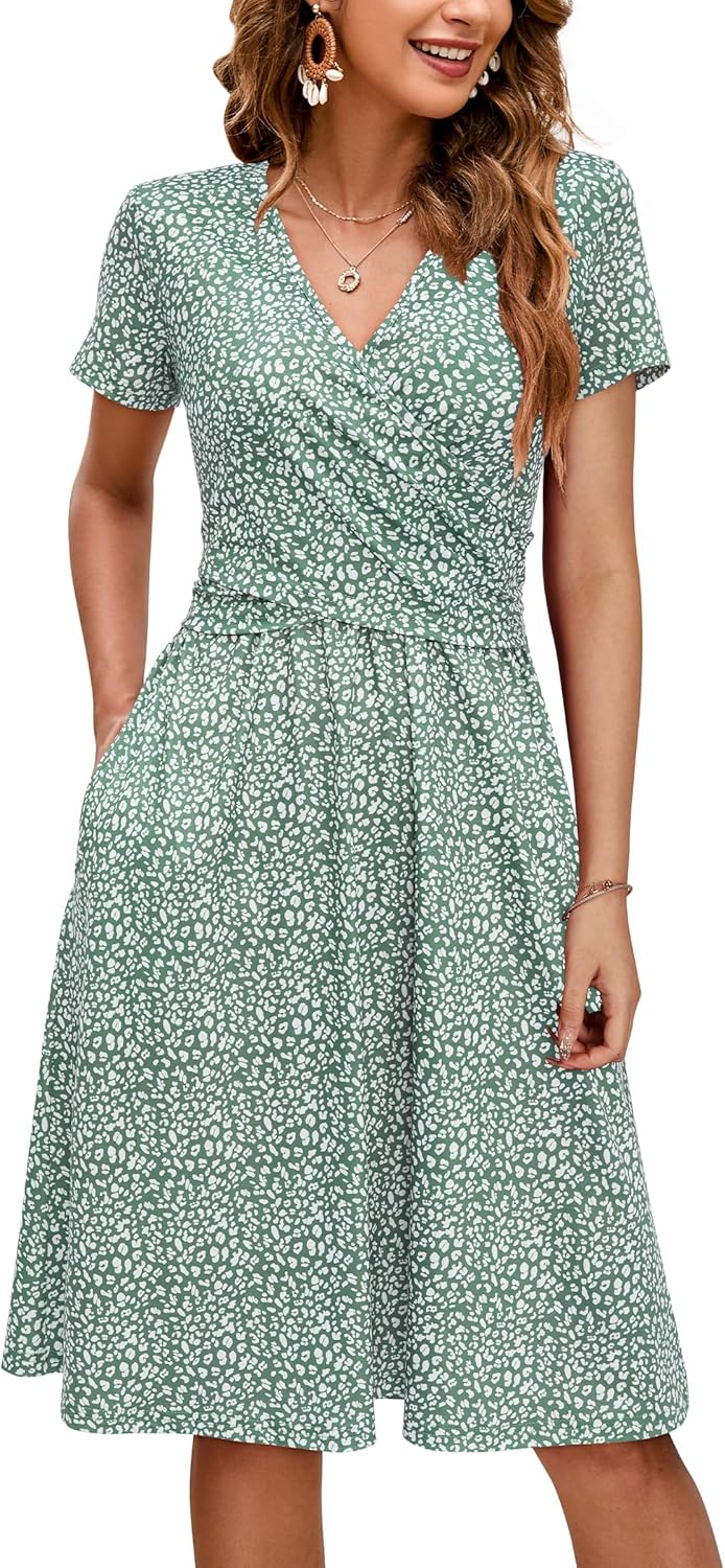 OUGES Women's V Neck Midi Dress with Pockets for Maternity