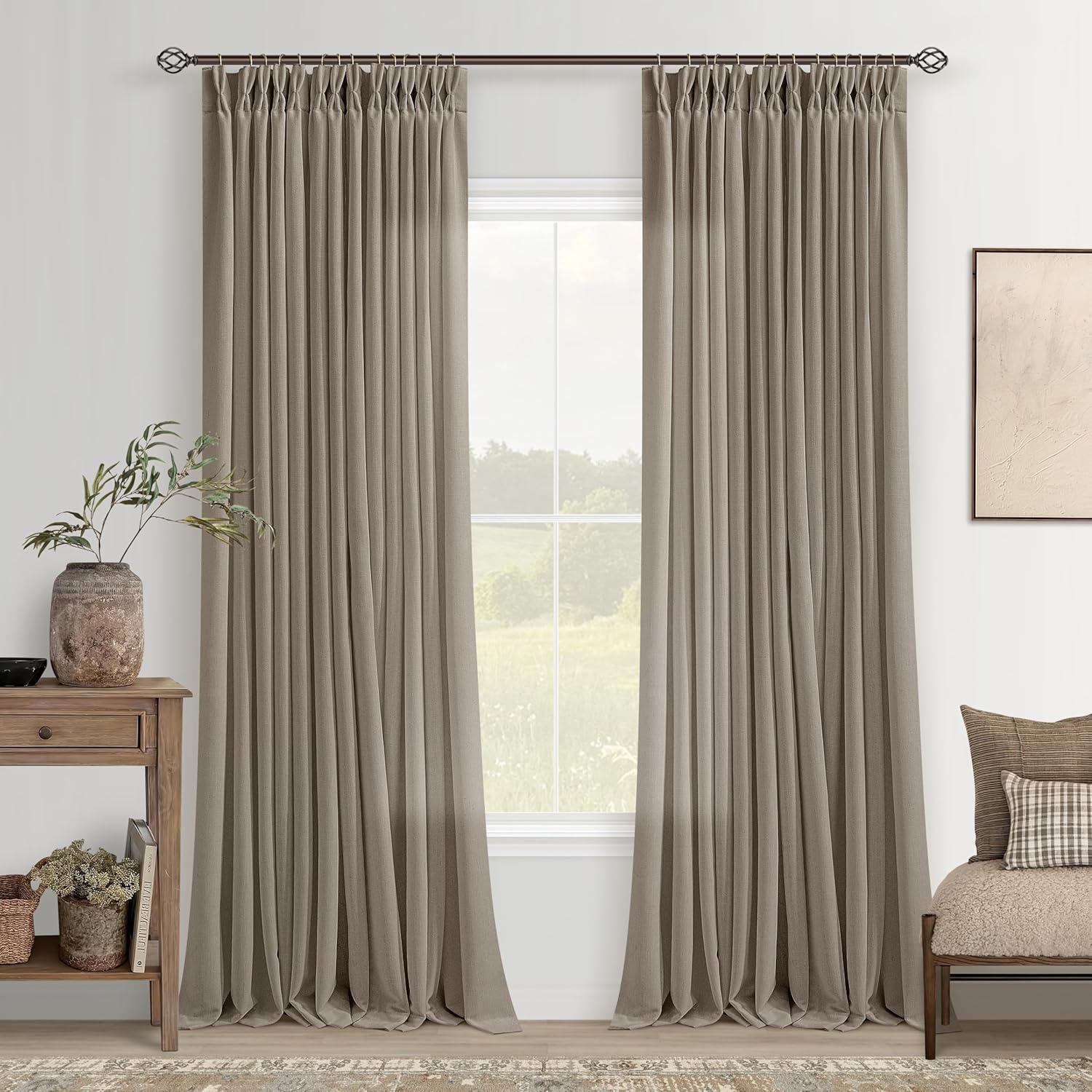 Dark Flax Curtains 102 Inches Long Pinch Pleated for Living Room
