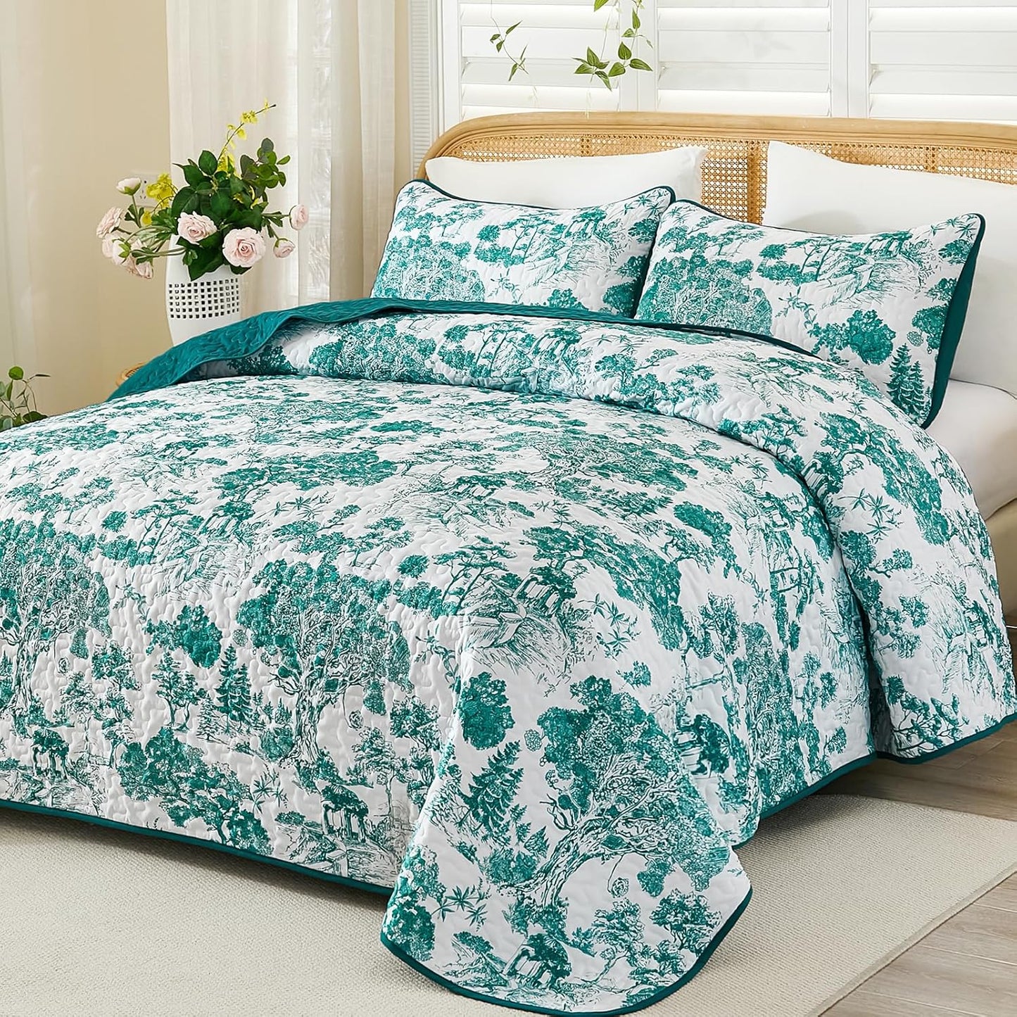 WONGS BEDDING Queen Quilt Set with Botanical Design for All Seasons