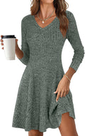 Women Long Sleeve Ribbed Knit Short Dress - V Neck A Line