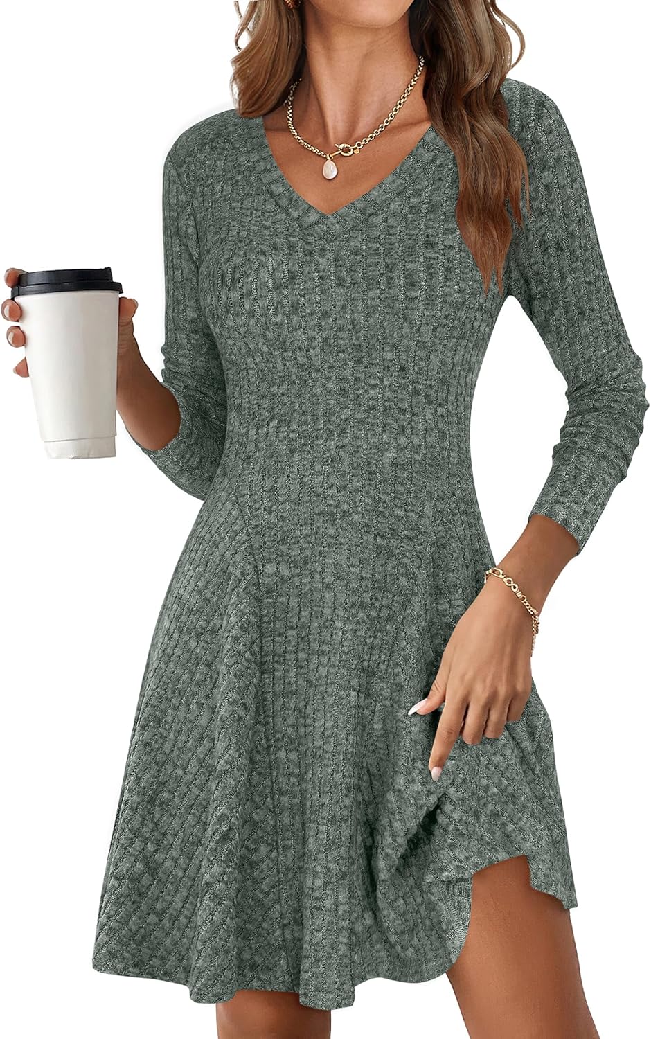 ANRABESS Women Long Sleeve Ribbed Knit Short Dress for Fall