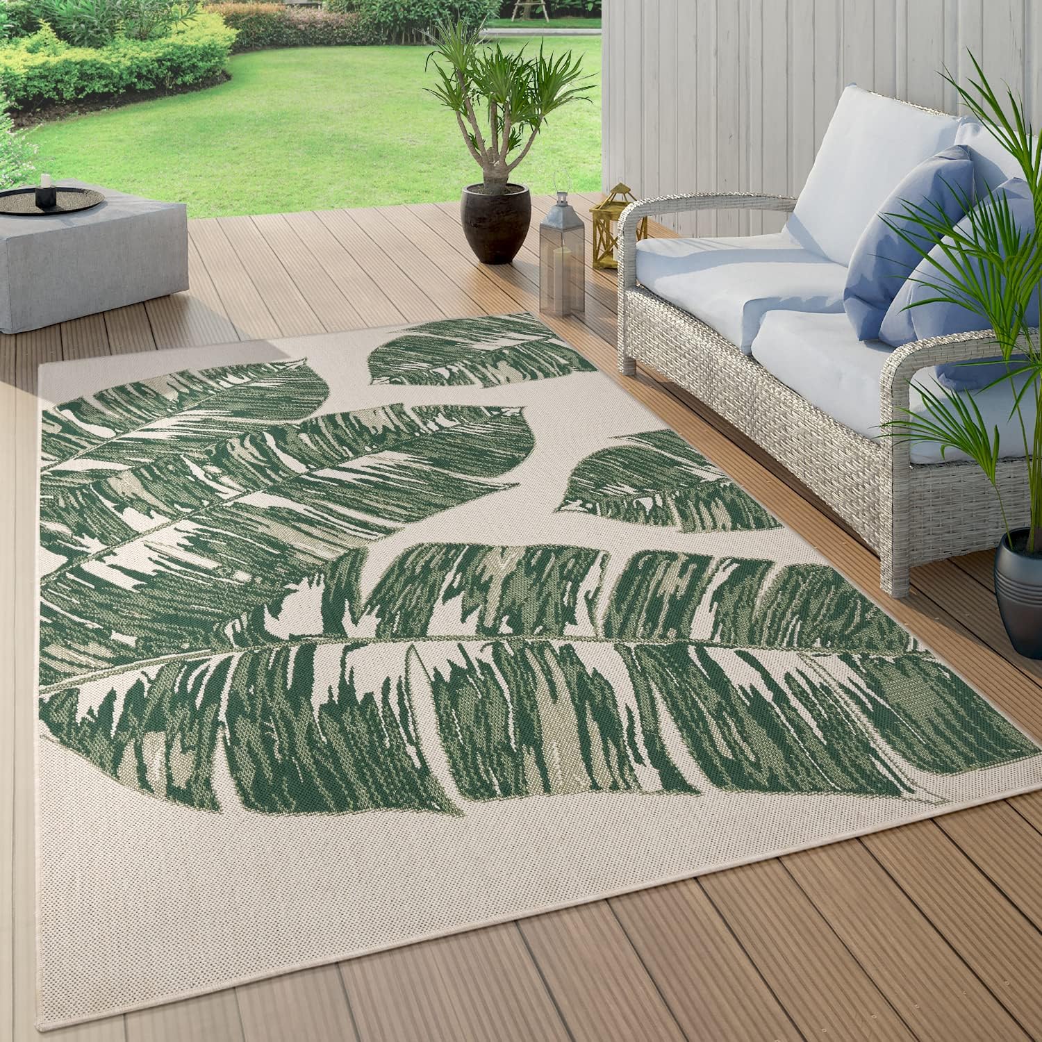 Tropical Outdoor Rug Jungle Leaves Design for Patio in Green Beige