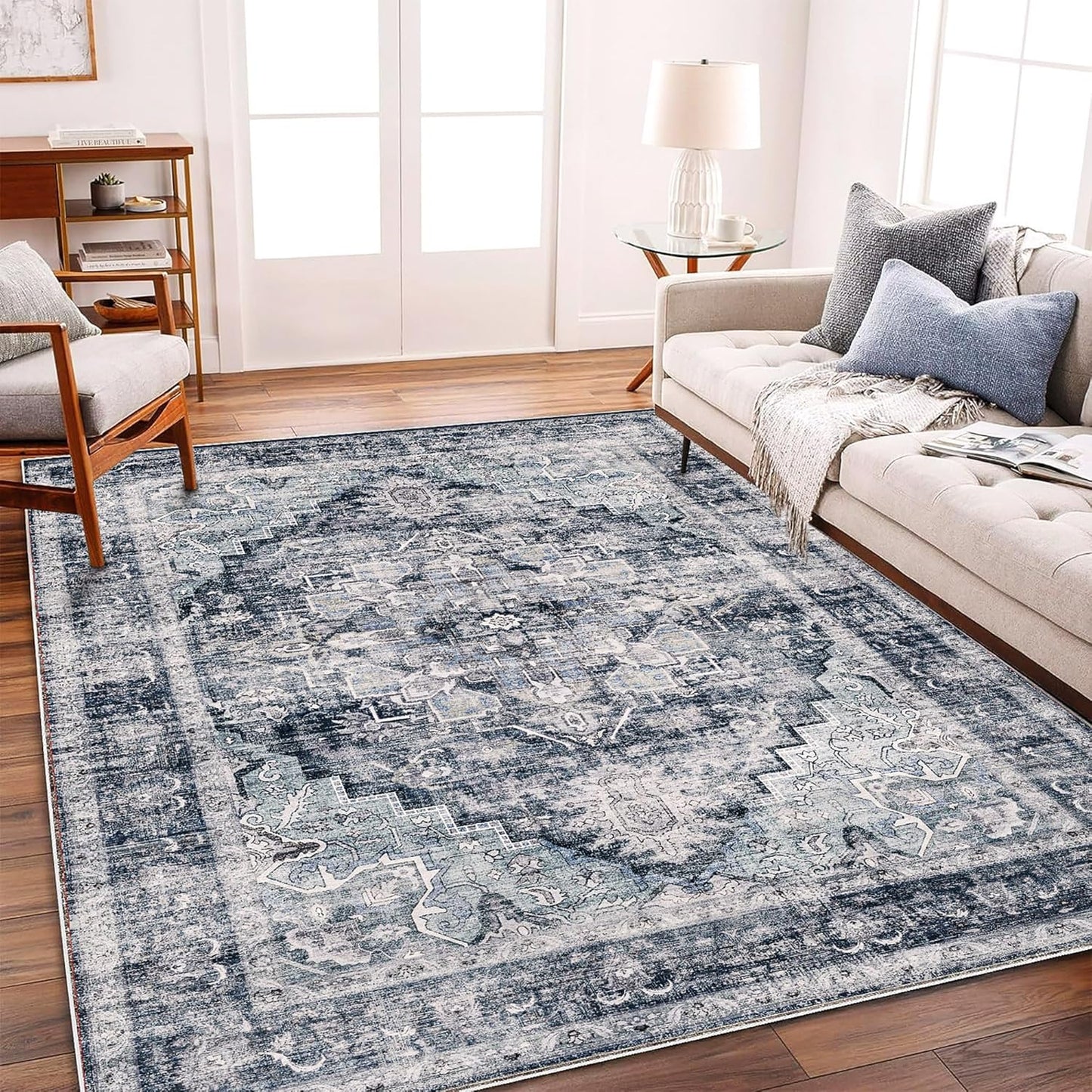 Vintage Traditional Area Rug 6ftx9ft Dark Blue Washable Carpet