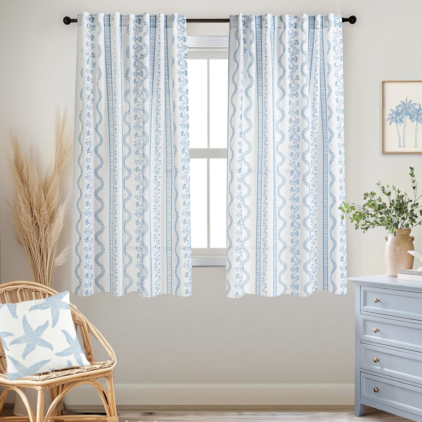 Coastal Farmhouse Curtains 63 Inch Light Blue Floral Print