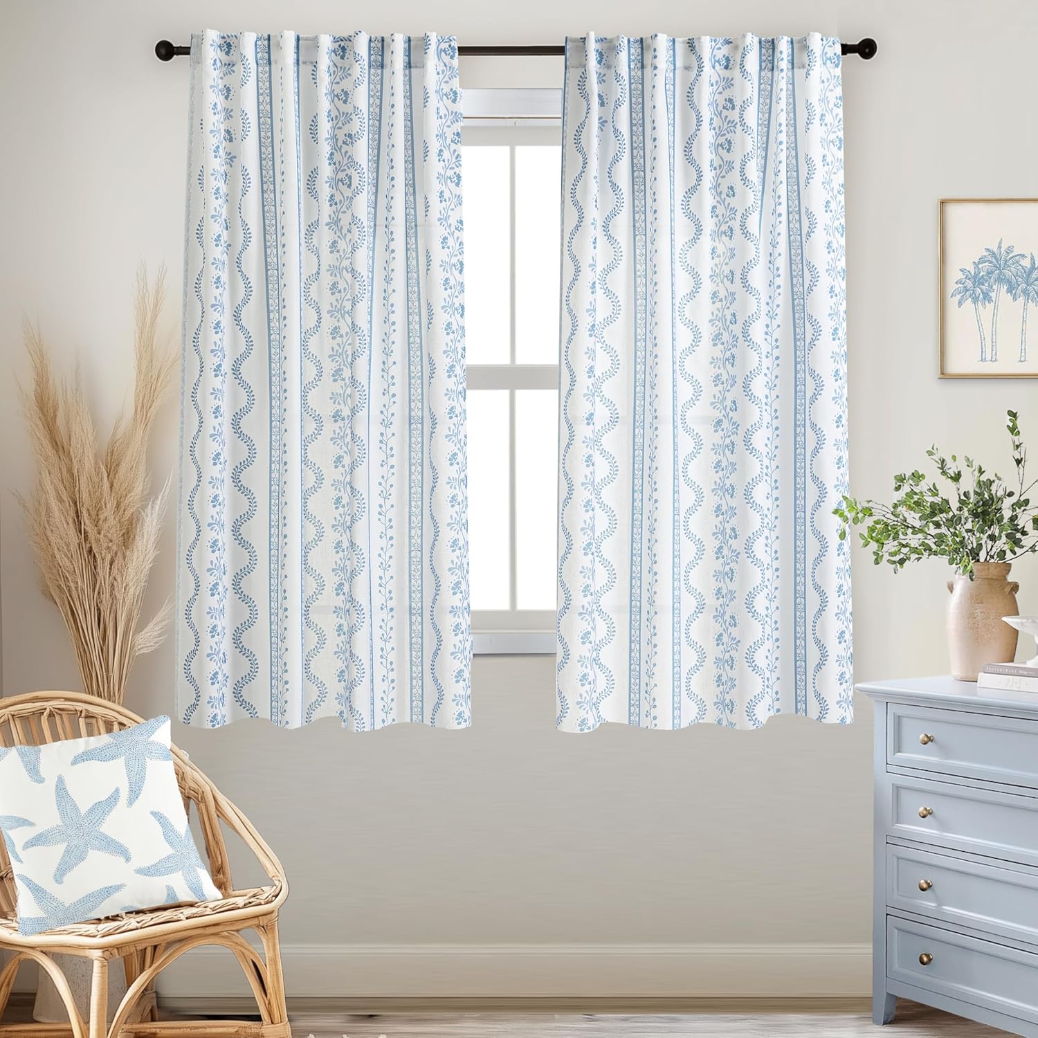 Coastal Farmhouse Curtains 63 Inch Light Blue Floral Print