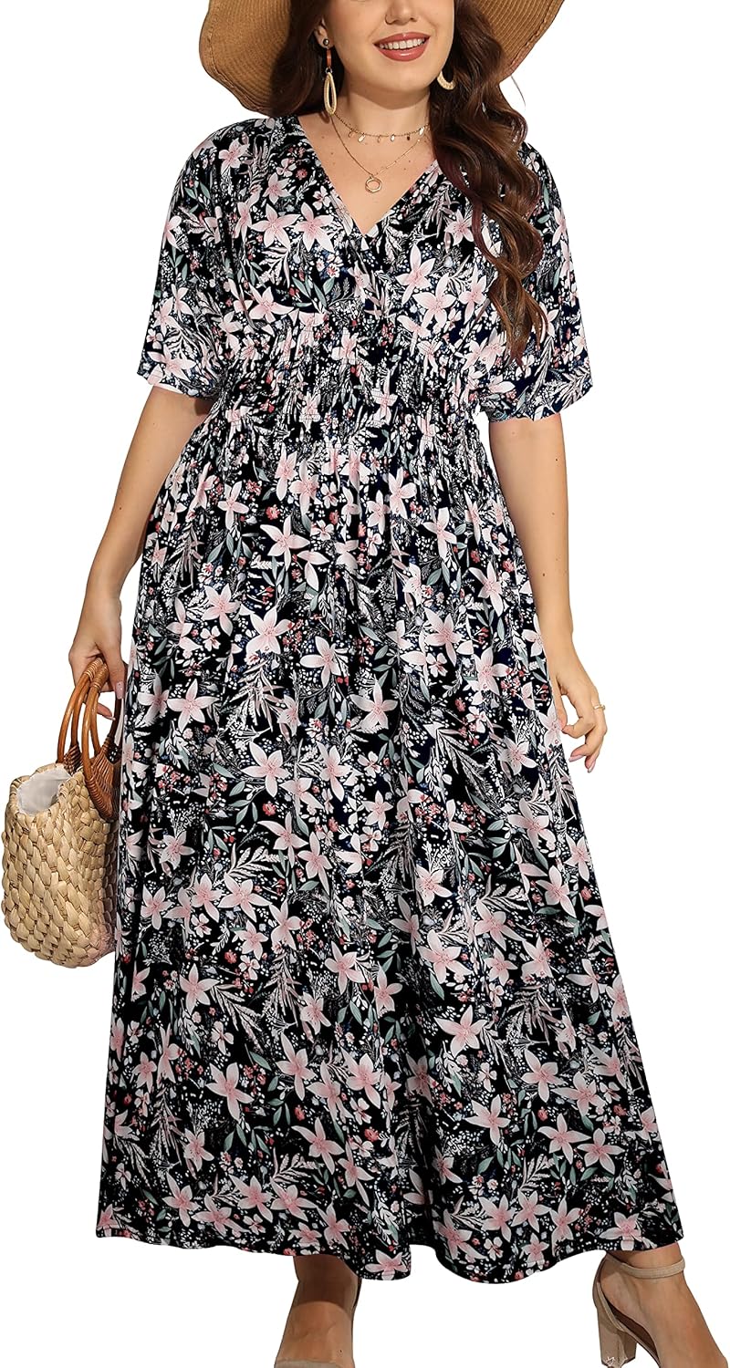 OSTOO Women's Plus Size Hawaii Empire Waist Floral Maxi Dress