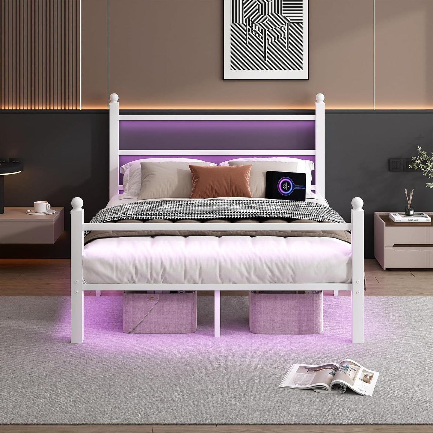 Full Size Bed Frame with Headboard and USB Charging Station