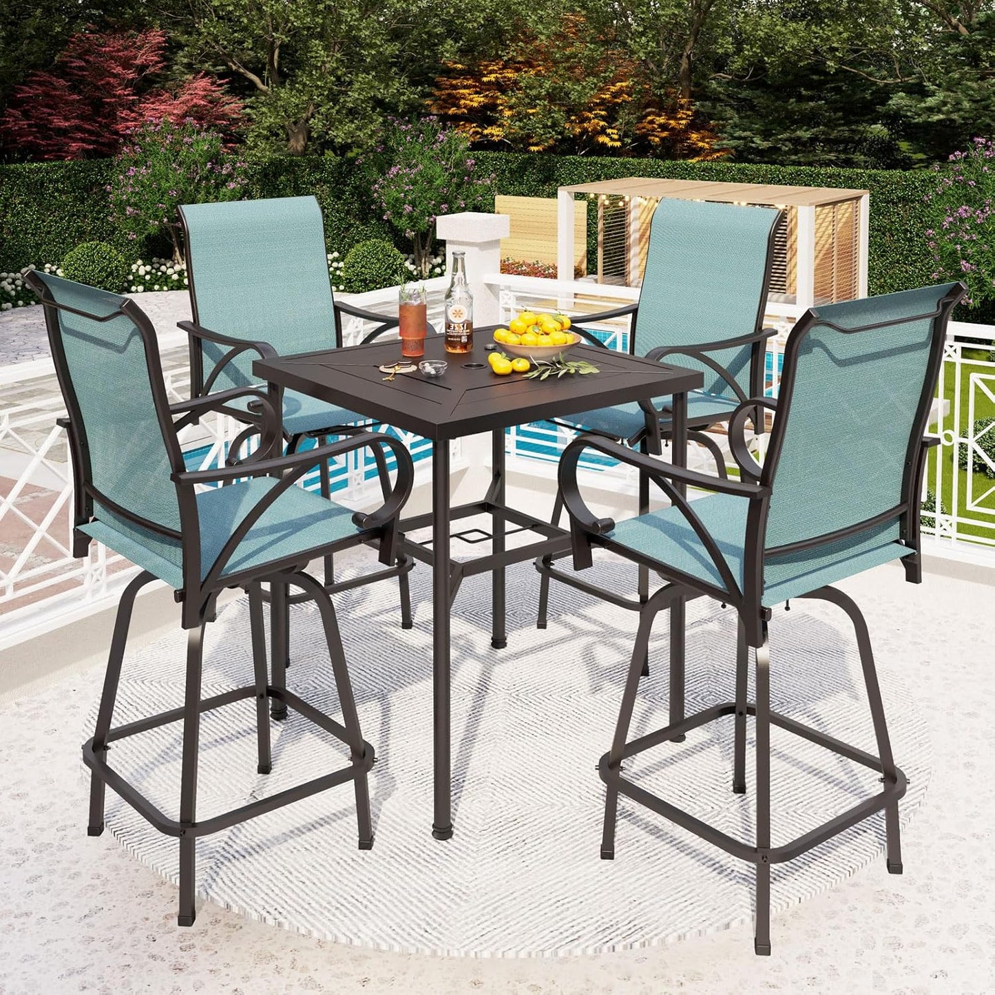 PHI VILLA Outdoor Patio Bar Set with Swivel Chairs and Table