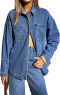 Women Denim Shirt Oversized Long Sleeve Button Down (Style Y6QK)