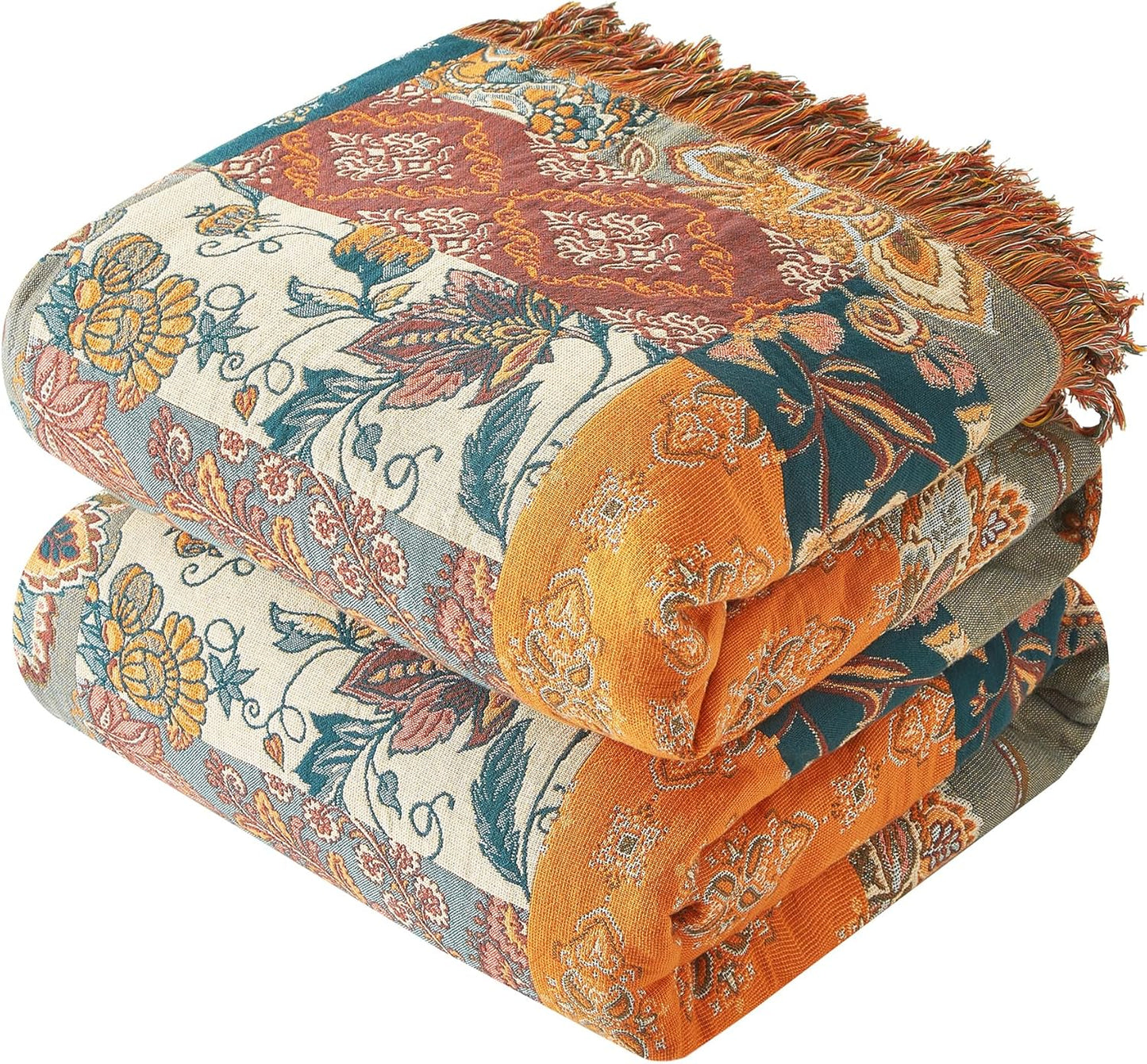 Boho Throw Blanket for Couch Sofa Bed, 100% Cotton Woven Quilt