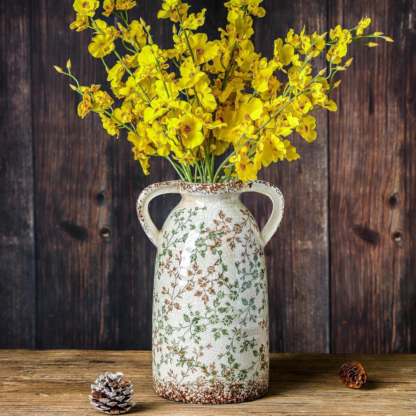Enra Large Vintage Green and Beige Ceramic Chinoiserie Vase
