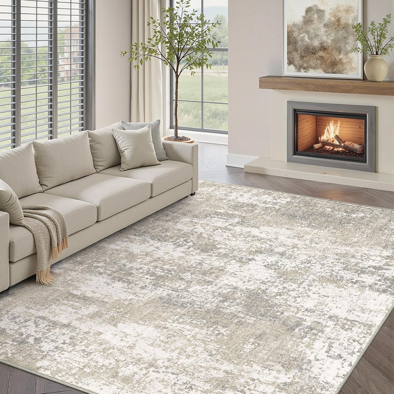 Modern Abstract Beige Gray Area Rug 8x10 for Any Room