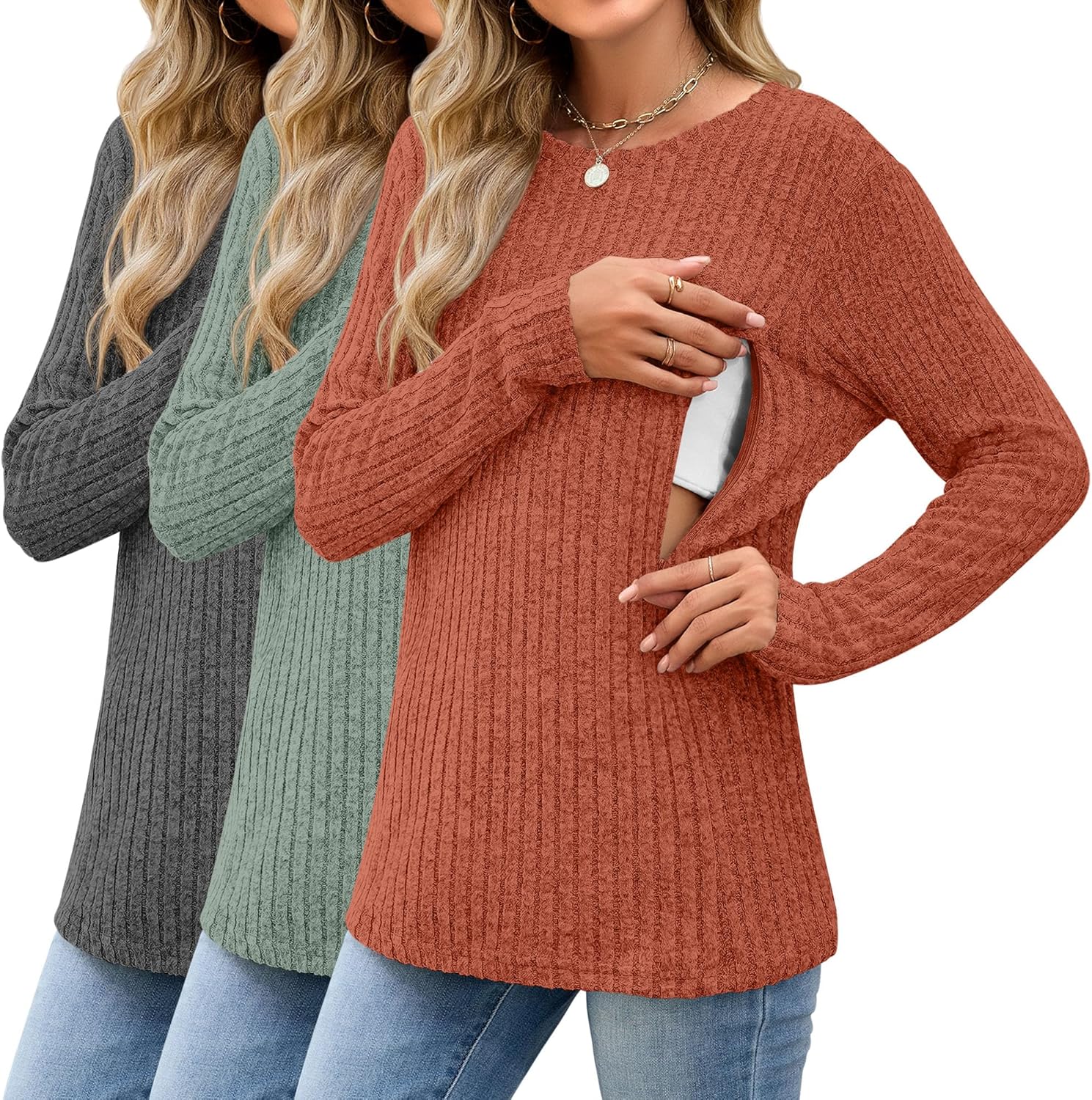 3 Pack Women's Nursing Long Sleeve Tops for Breastfeeding Comfort