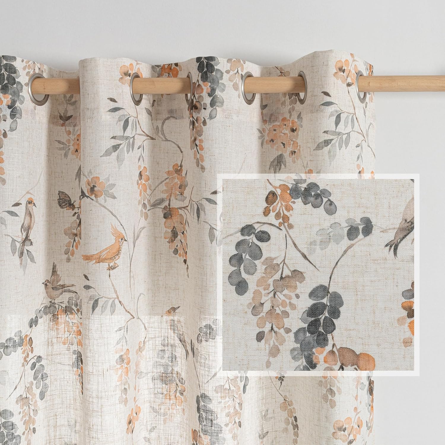MYSKY HOME Linen Curtains for Living Room with Bird Leaves Design