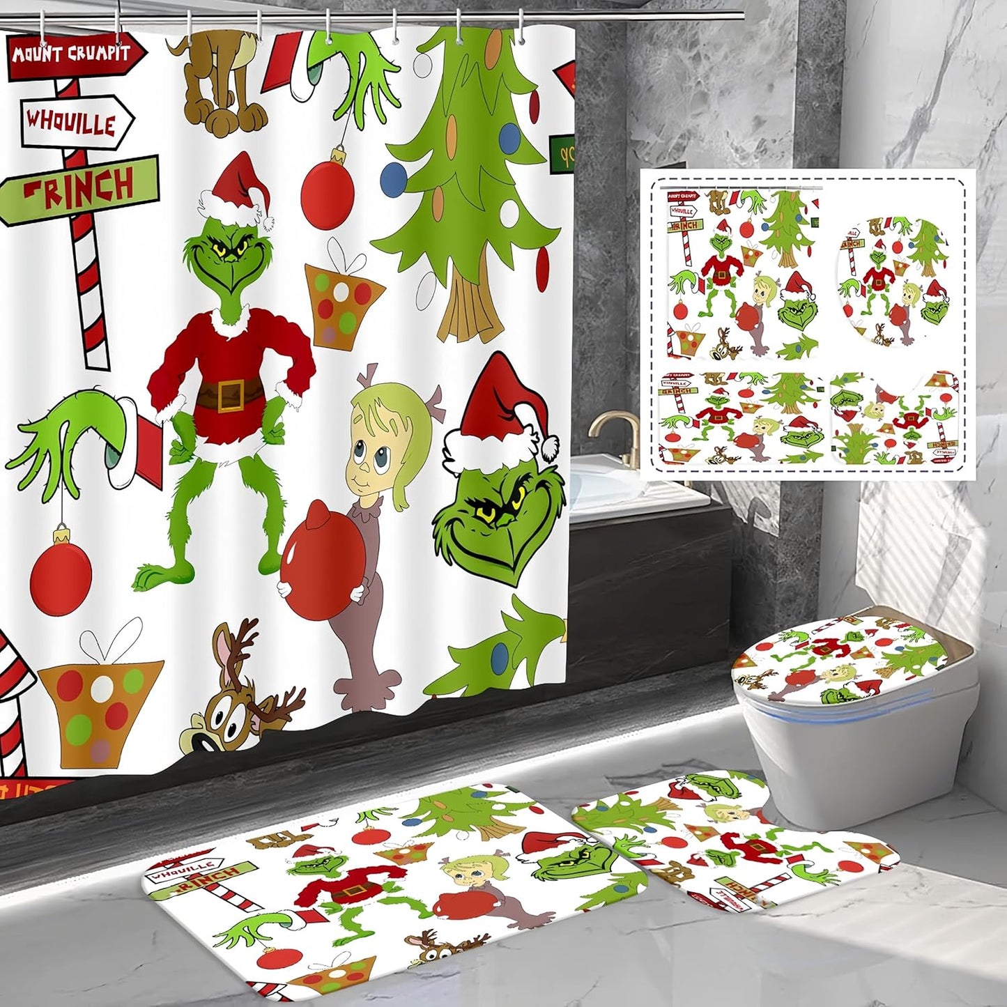 4 Pcs Christmas Bathroom Set with Grinch Shower Curtain Decor