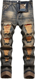 QIMYUM Mens Ripped Jeans Slim Fit Straight Leg - Comfy Distressed