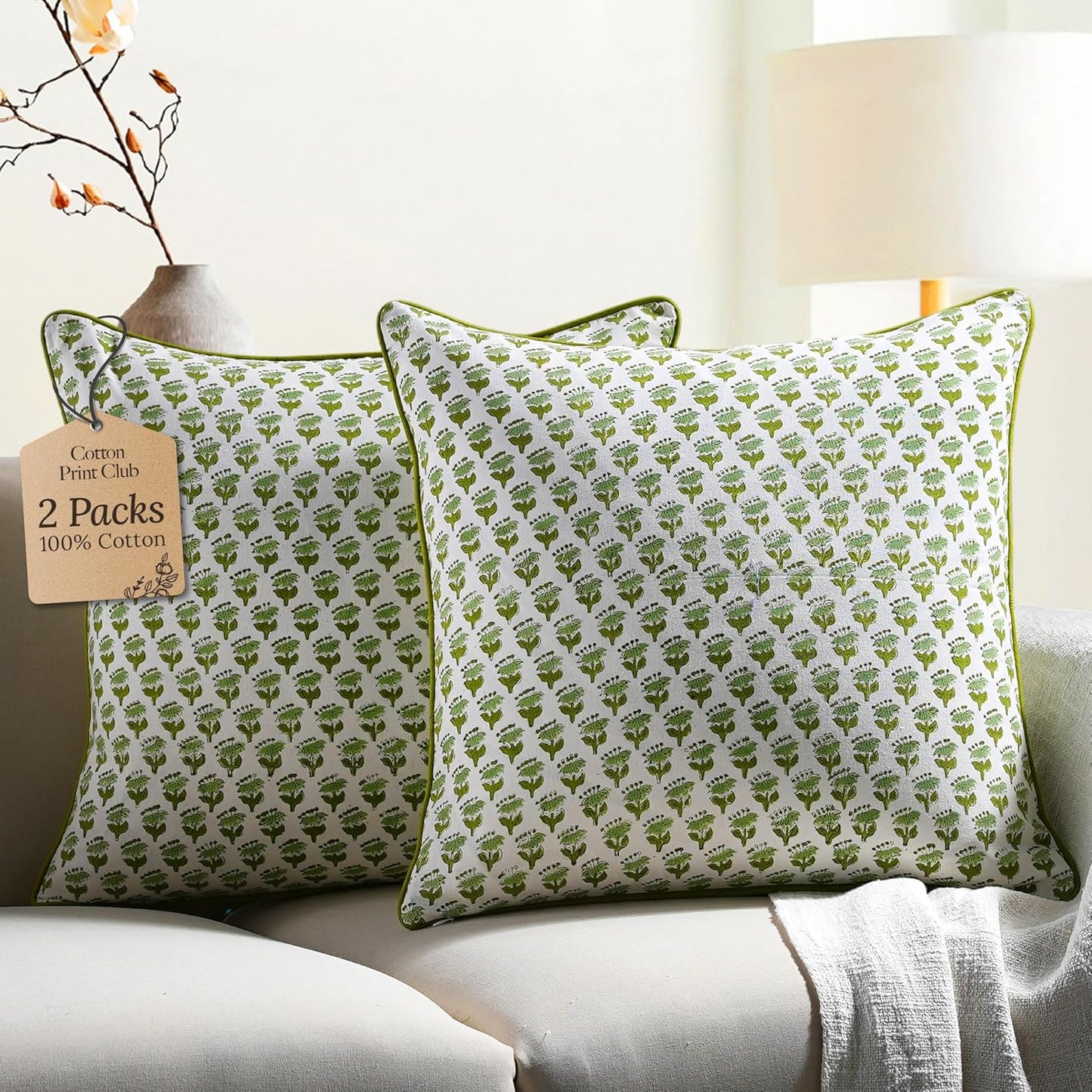 CPC 100% Cotton Throw Pillow Covers Set of 2 Green Block Print