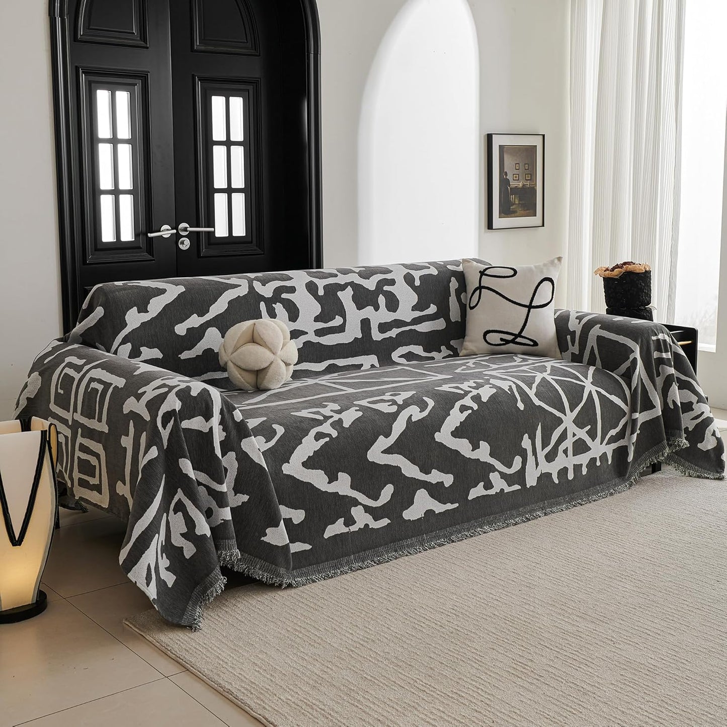 MYSKY HOME Boho Couch Cover for 2 Cushion Sofa, Grey Geometry