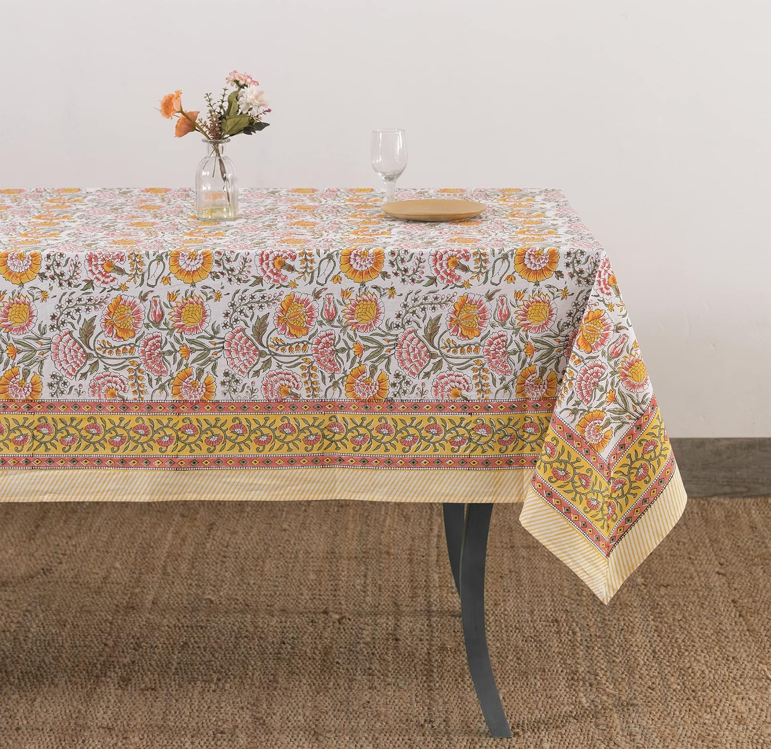 Labhanshi Indian Block Print Floral Table Cloth for 10-Seater