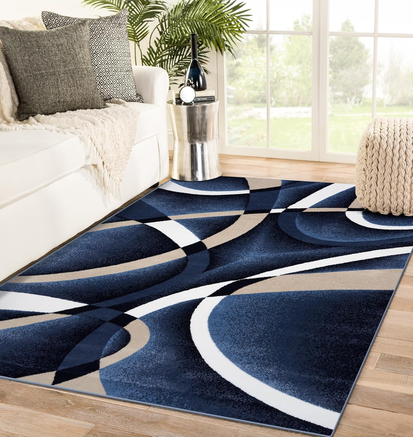 2305 Geometric Abstract Navy Area Rugs for Living Room Decor