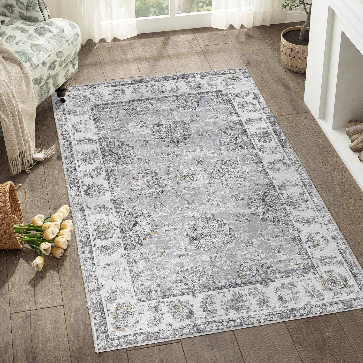 Floral 3x5 Area Rugs for Entryway - Vintage Distressed Design