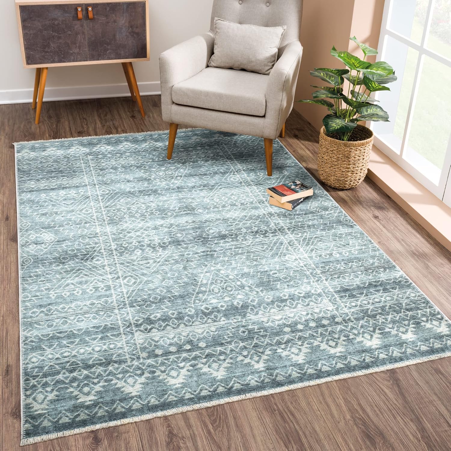 Caria Washable Non-Slip 9x12 Rug - Teal/Ivory Geometric Design