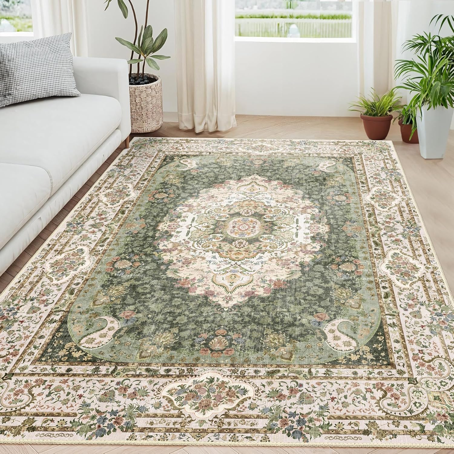 5x7 Area Rugs Washable Green Boho Vintage Carpet for Home