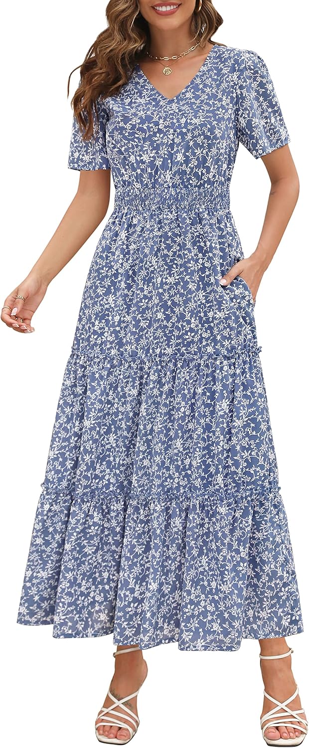 Zattcas Womens Long Summer Dress with Flutter Sleeves and V Neck