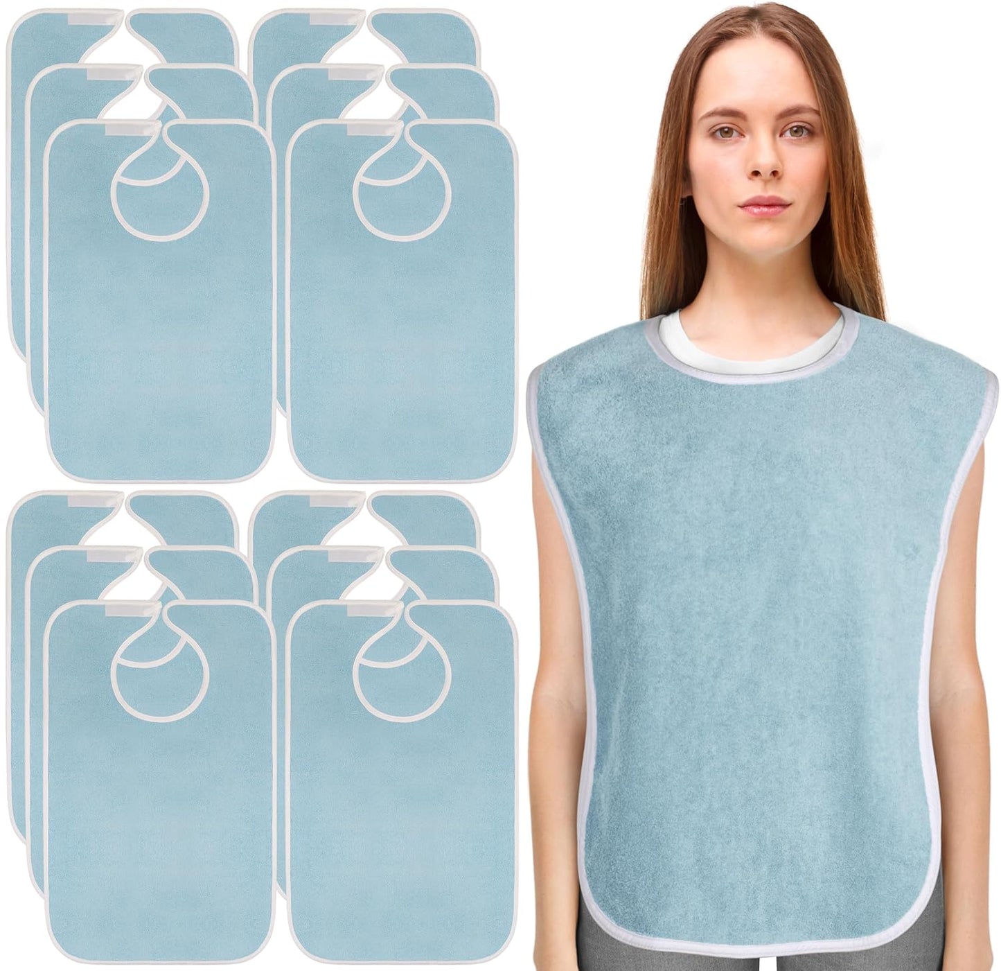 Premium Waterproof Adult Bibs for Elderly - 12 Pack Blue