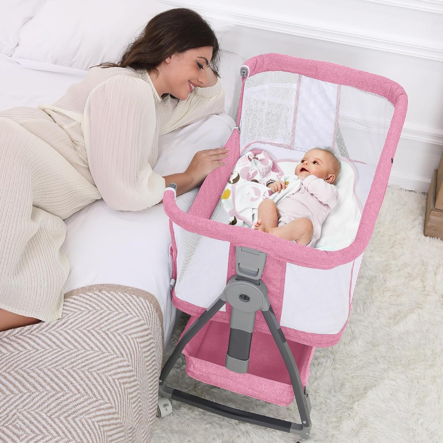 Baby Bassinet Bedside Sleeper with Adjustable Height & Storage