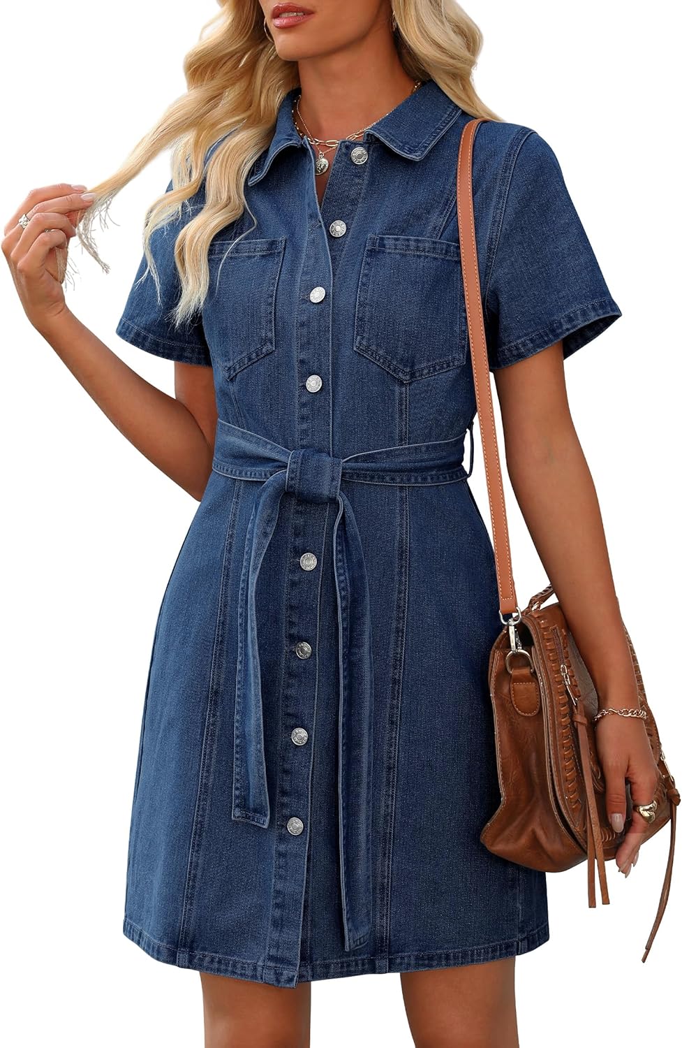 Women's Denim Dress Summer Short Sleeve Jean Dress with Pockets