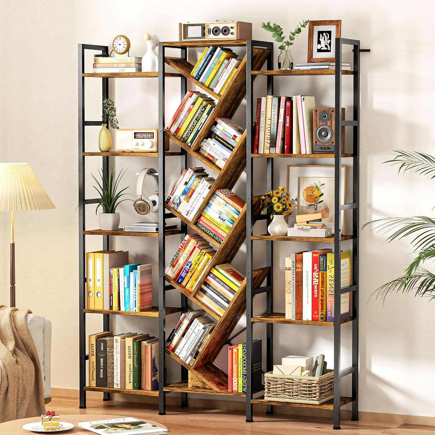 Triple 5 Tier Bookshelf with 19 Open Display Shelves for Home