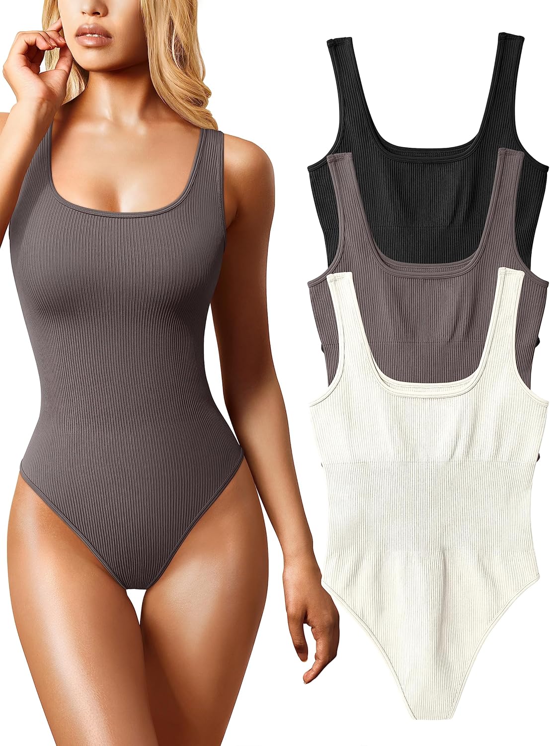 OQQ Women's 3 Piece Bodysuits with Sexy Ribbed Design for Style