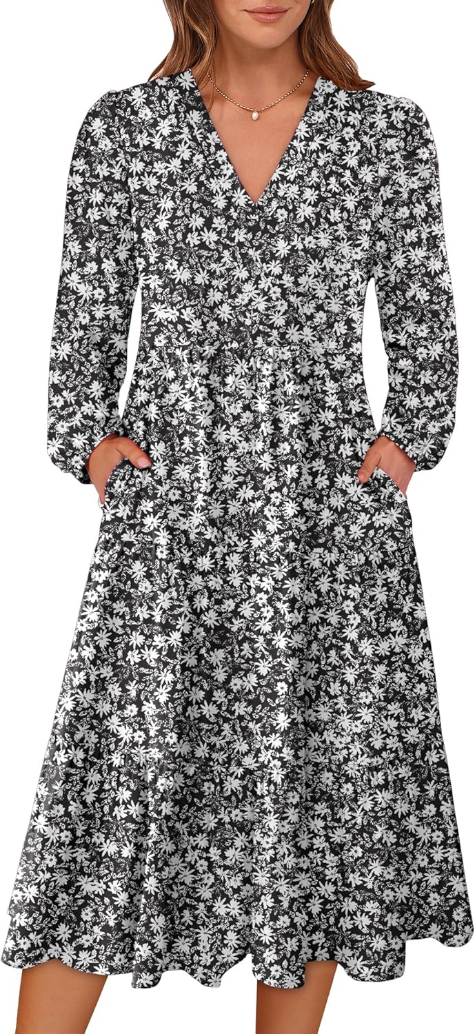 ANRABESS Women's Long Lantern Sleeve Floral Midi Dress for Fall