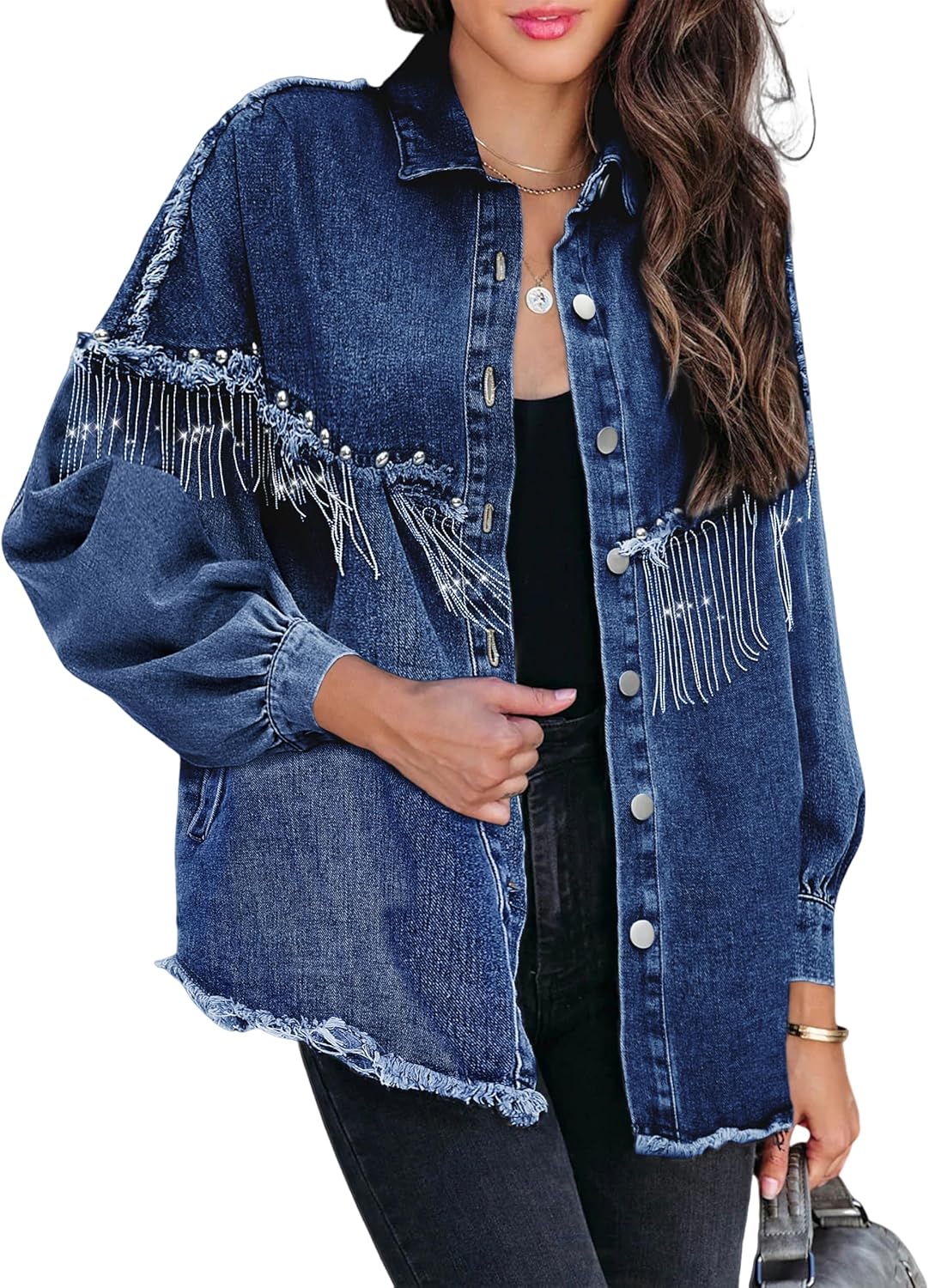 Oversized Fringe Denim Jacket for Women - Sparkly Cowgirl Style
