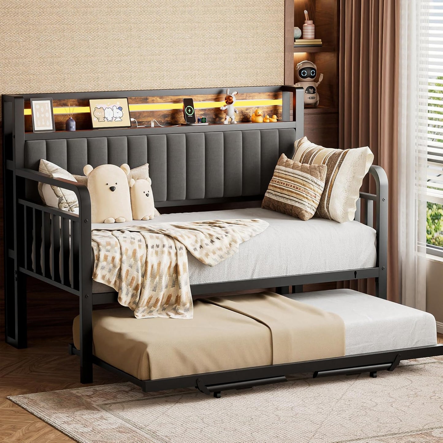 Daybed with Pop Up Trundle and LED Light for Versatile Spaces
