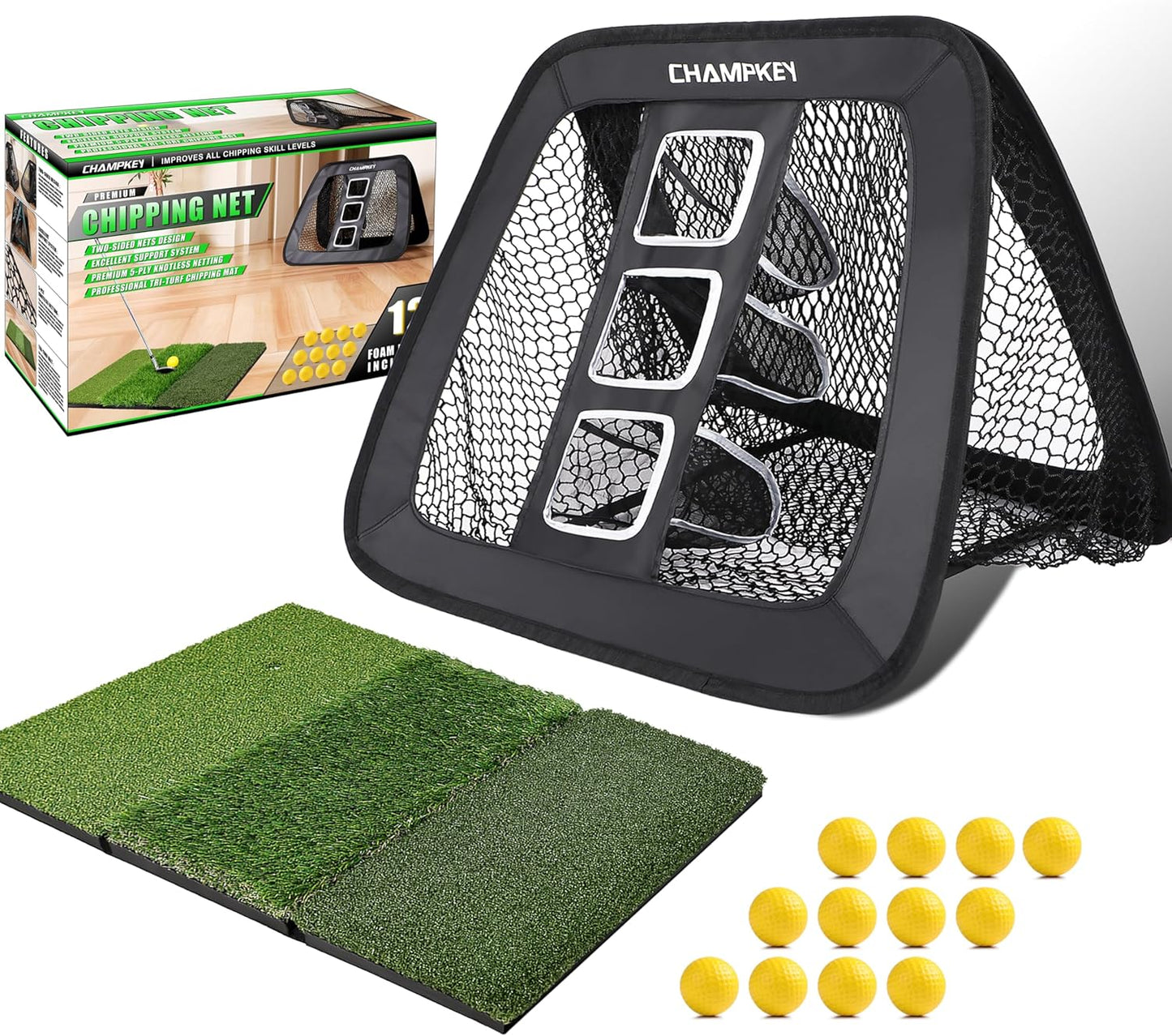 CHAMPKEY Double-Sided Golf Chipping Net Set - Ultimate Short & Long Distance Training