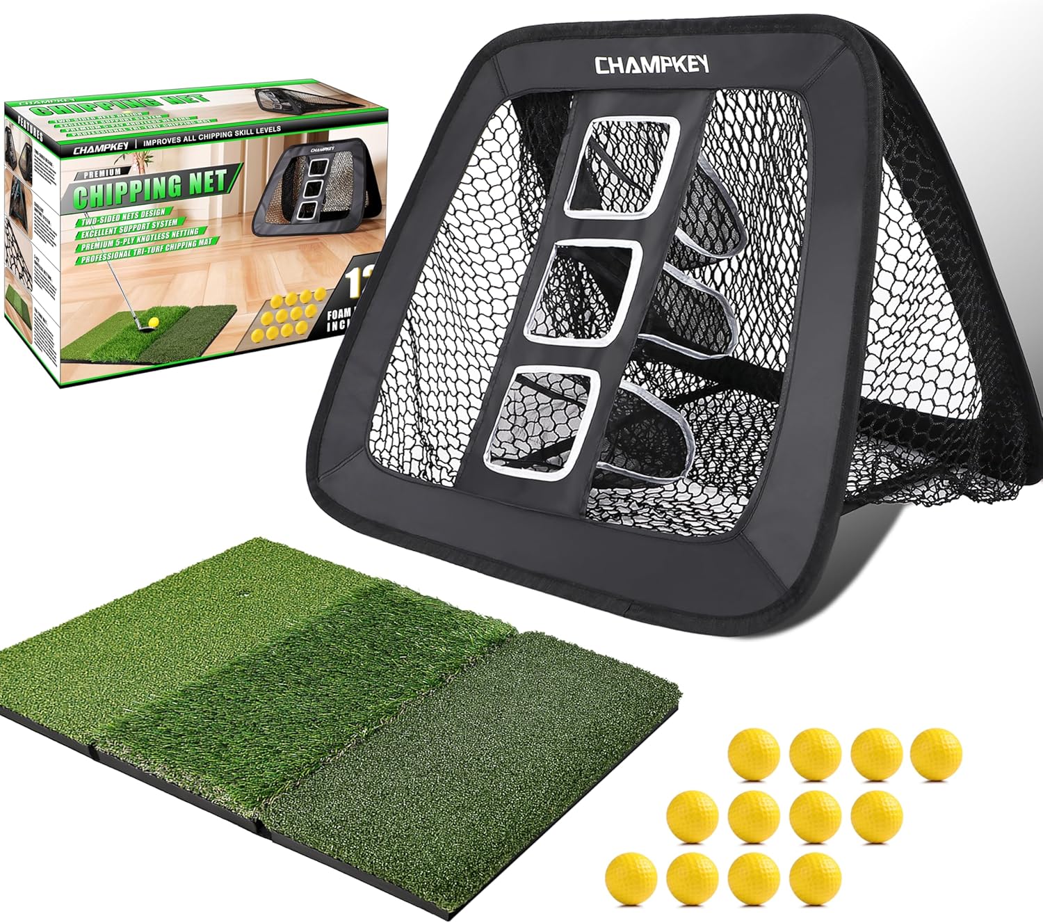 CHAMPKEY Double-Sided Golf Chipping Net Set - Ultimate Short & Long Distance Training