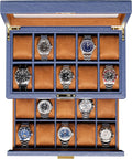 20 Slot Leather Watch Box - Luxury Glass Top Display Case (Blue/Tan)