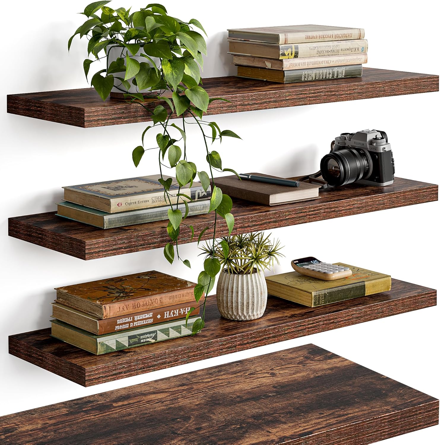 Rustic Brown Floating Shelves for Wall - Set of 4 Stylish Storage