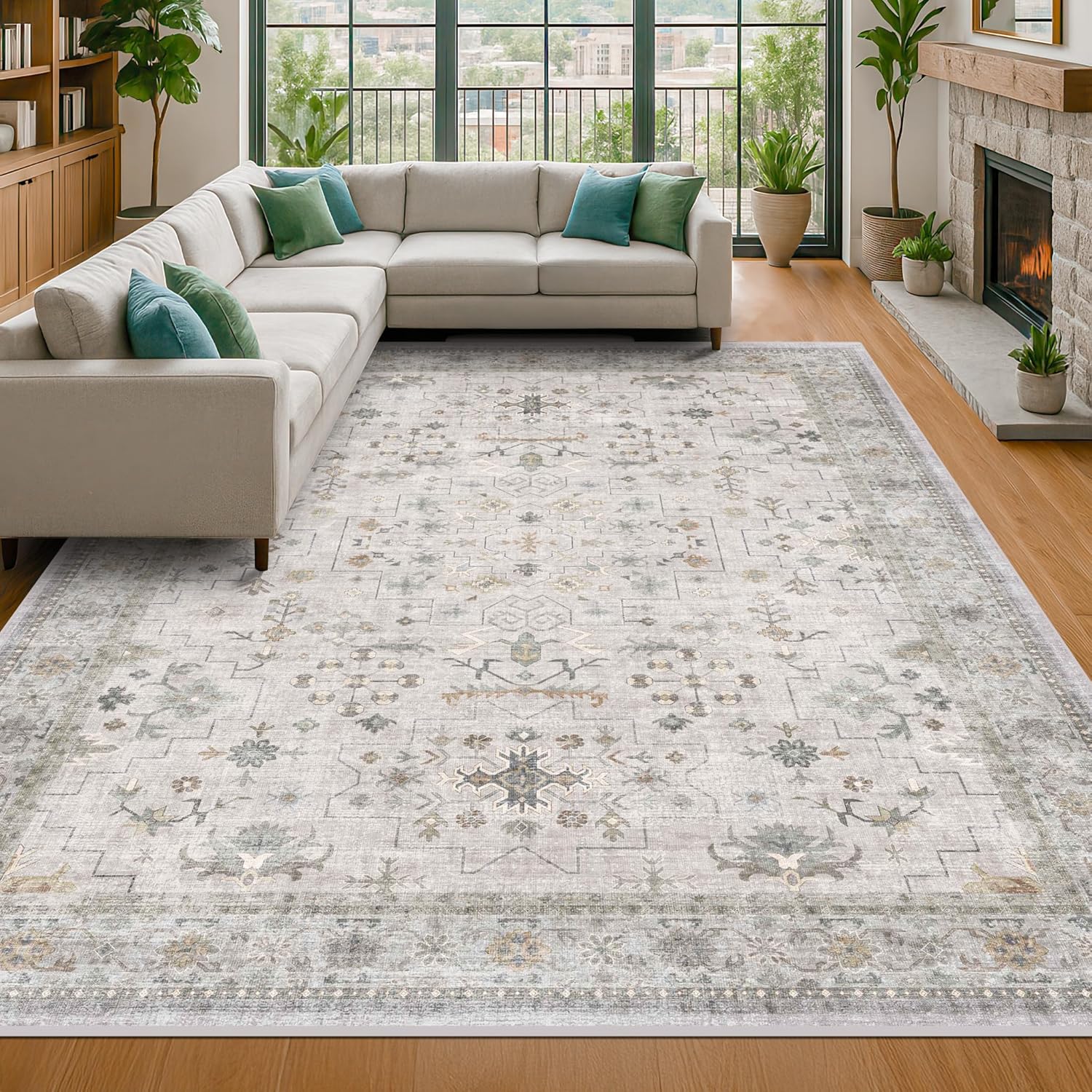 Boho Light Grey Living Room Rug 8x10 for Modern Vintage Style